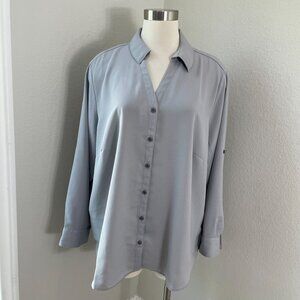 Lands End Womens Plus 20W Button Up Blouse Light Gray Roll Tab Sleeve Shirt Top